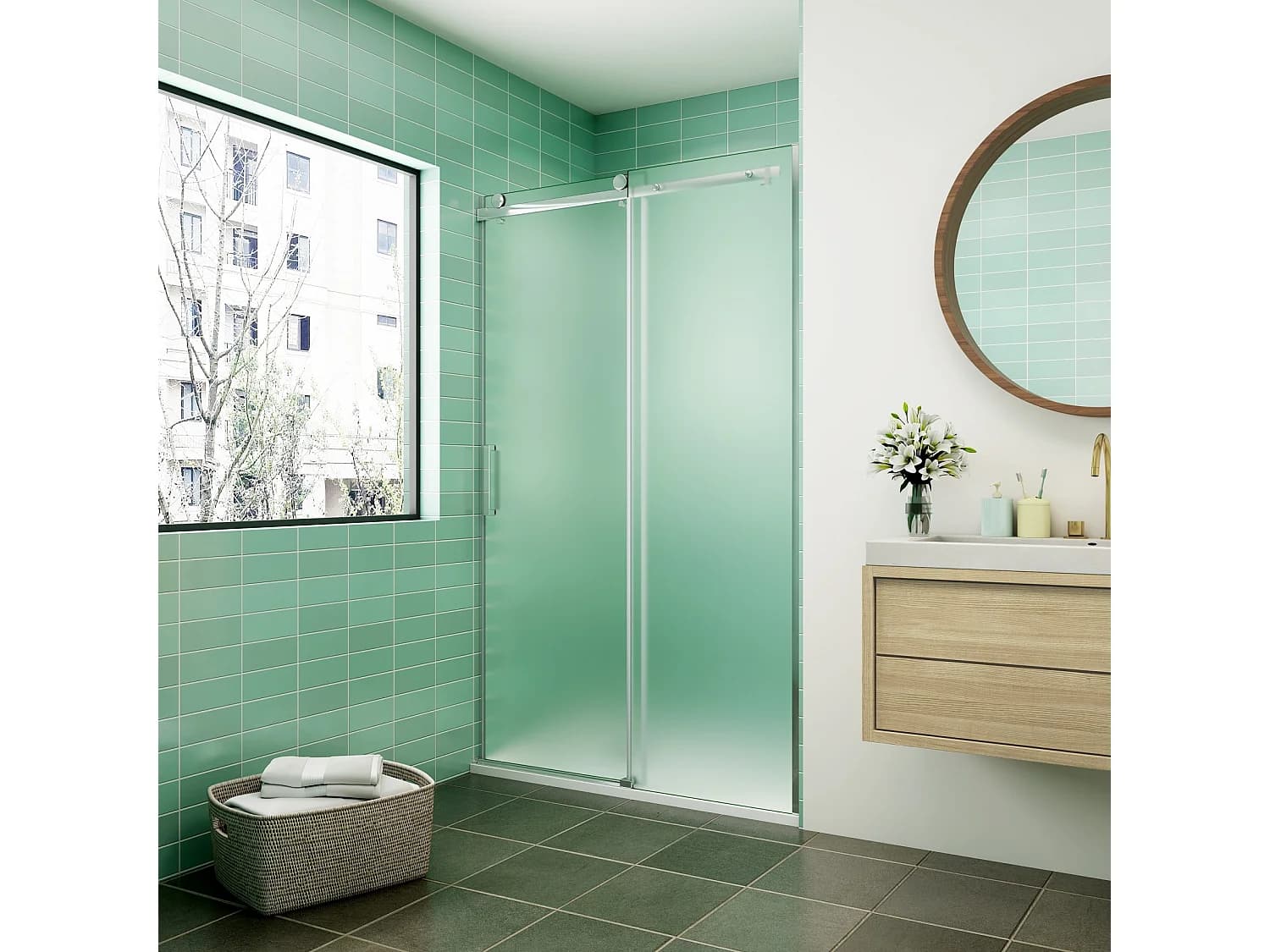 Porte de douche coulissante 140x195cm verre sablé installer à droite, porte de douche en 8mm verre anticalcaire