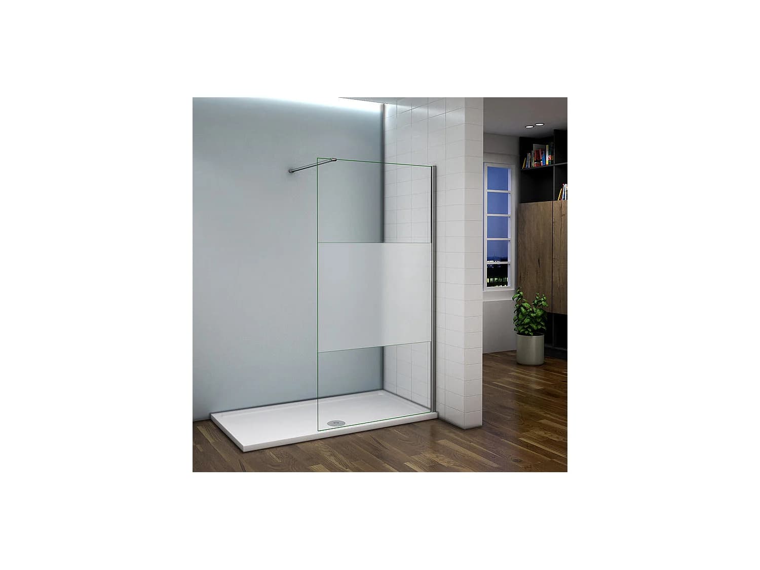 Paroi de douche à l'italienne 100x200cm avec barre de fixation 90cm recoupable, en 8mm verre bande centrale dépolie