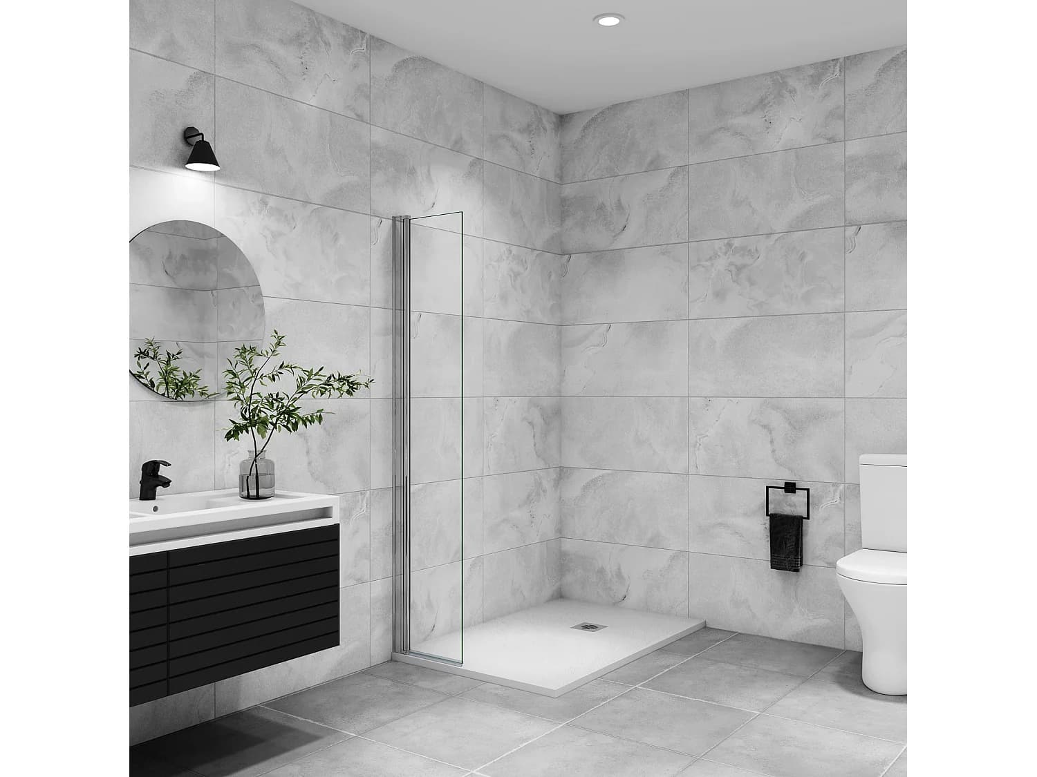 Paroi de douche italienne pivotante 45x200cm, paroi de douche retour pivotant mural en verre 8mm anticalcaire, profilé chromé