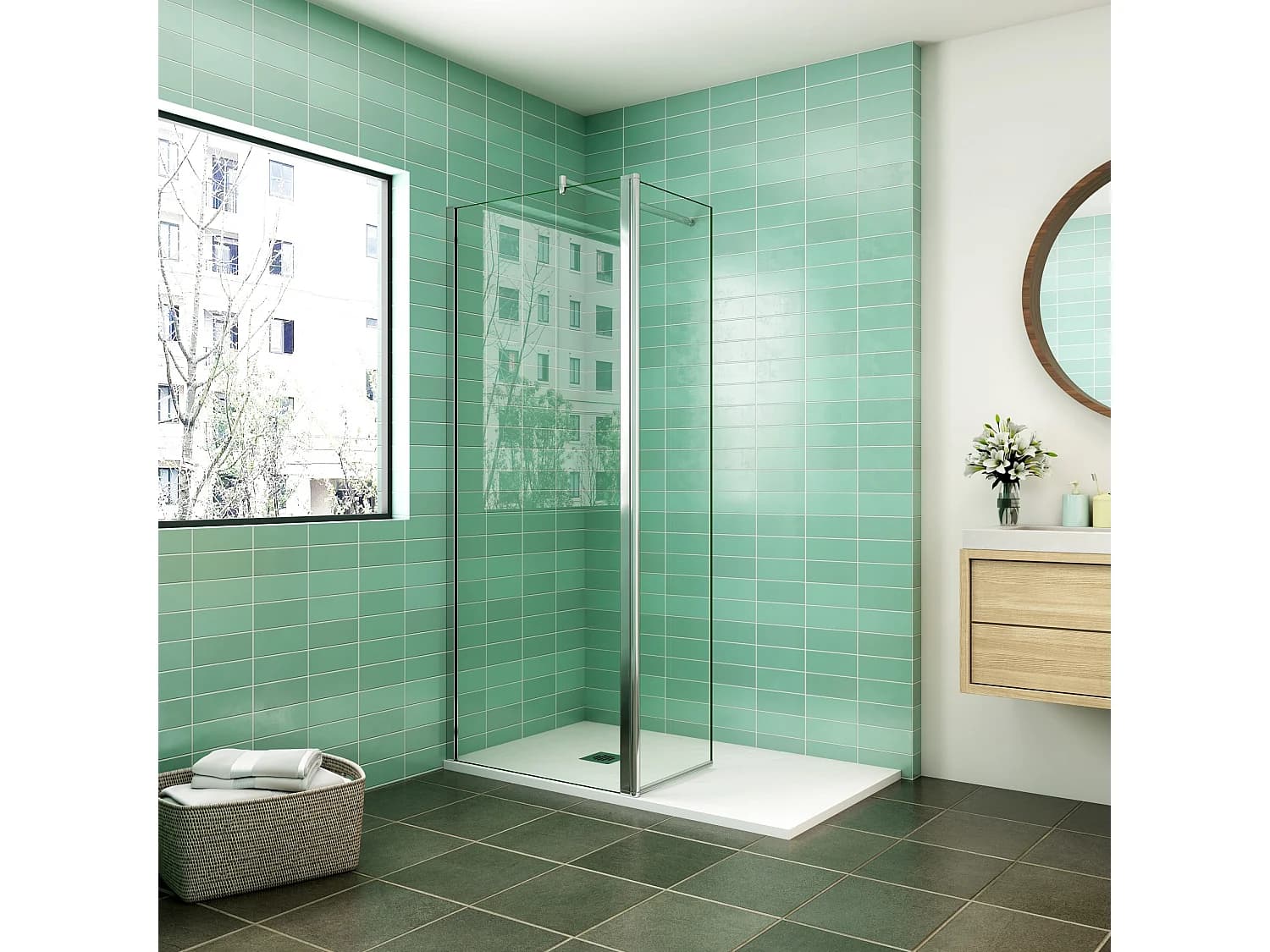 Paroi de douche à l'italienne 80x200cm avec retour pivotant 50x200cm - Verre securit - Avec barre de fixation 70-120cm en cylindrique