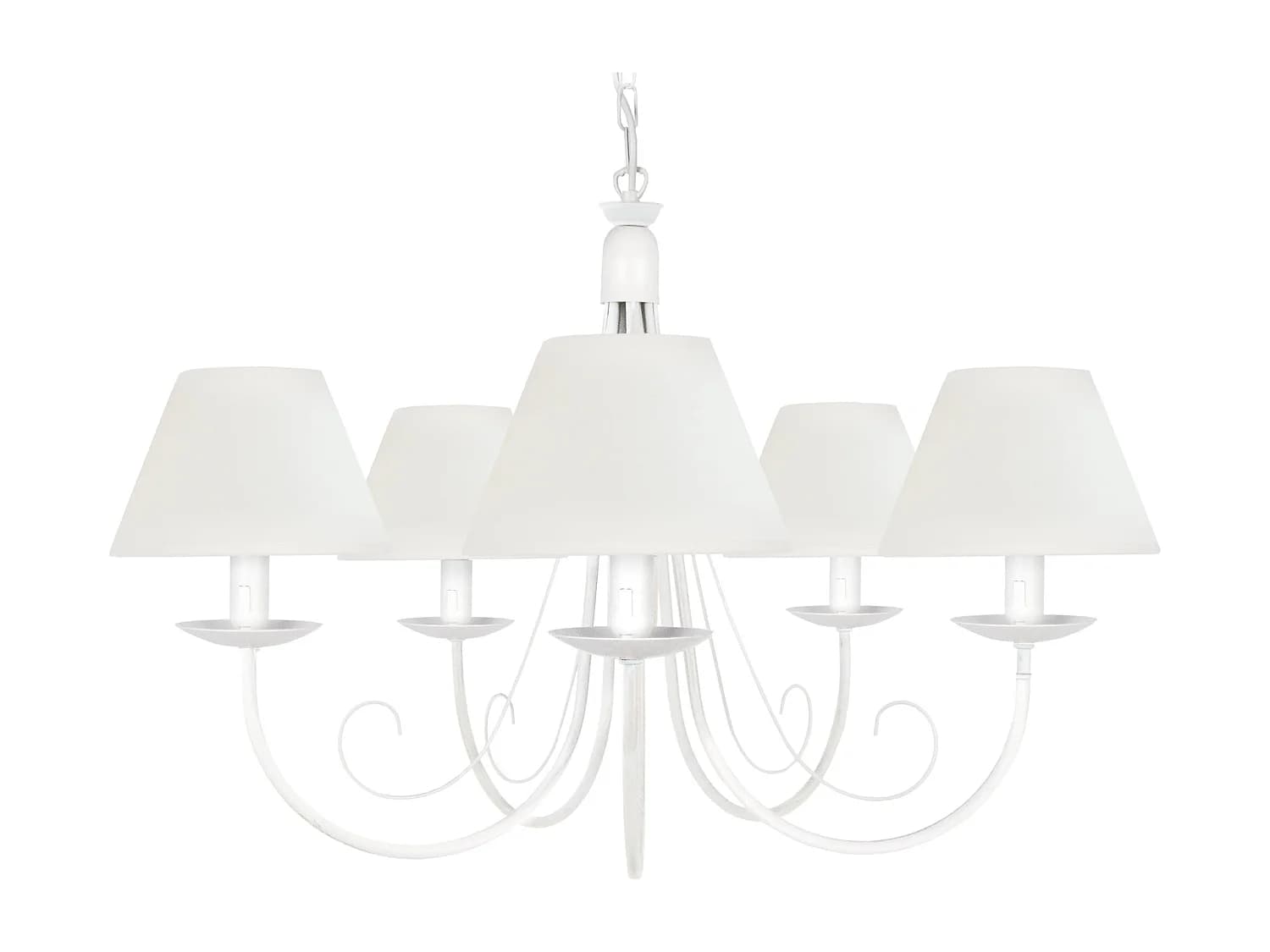 Lustre flame,abat-jour 5 bras métal blanc 80 cm.