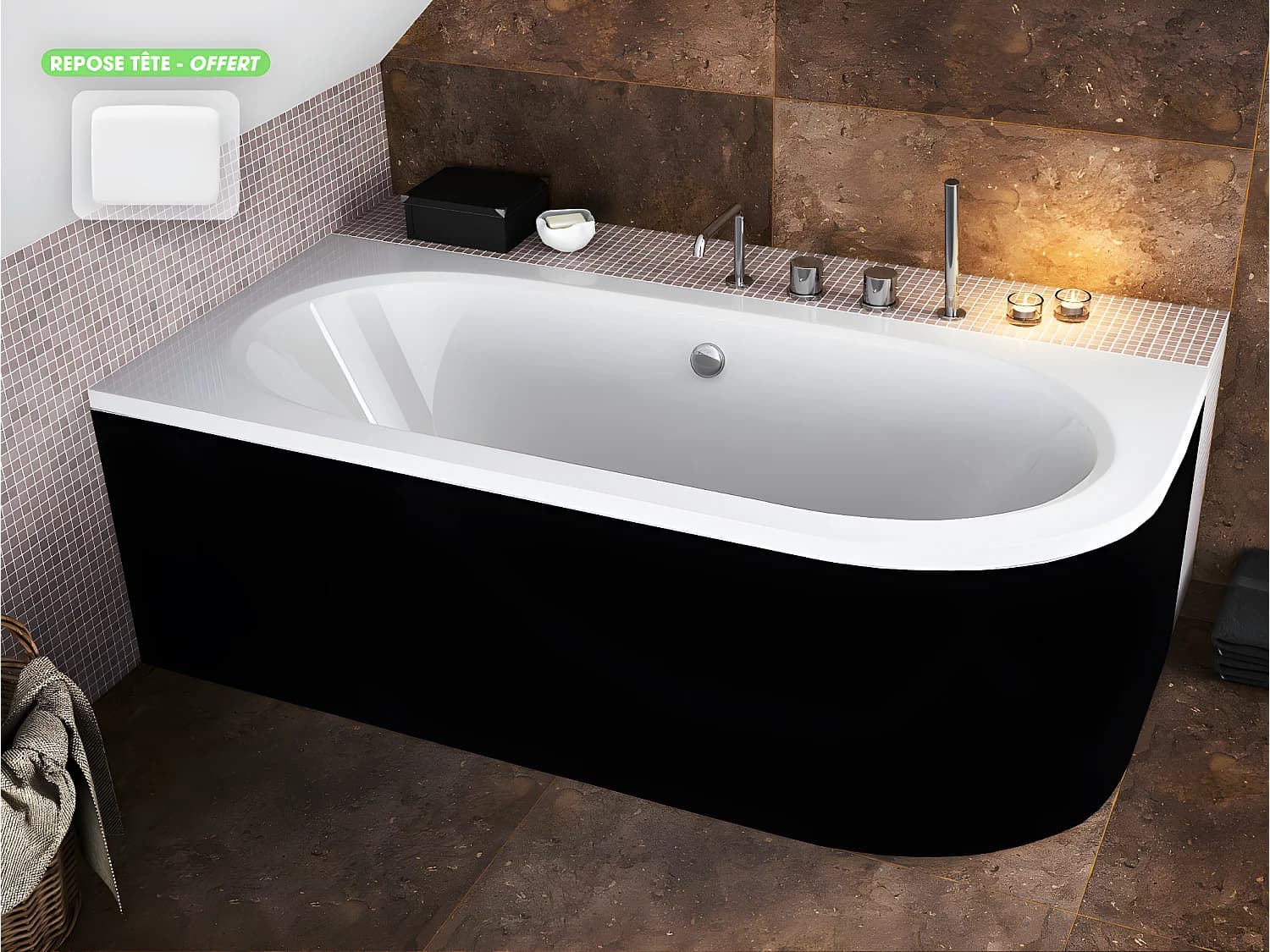 Baignoire d'angle - avec tablier noir Mat et repose tête offert | AVITA | 180 x 75 cm - Gauche