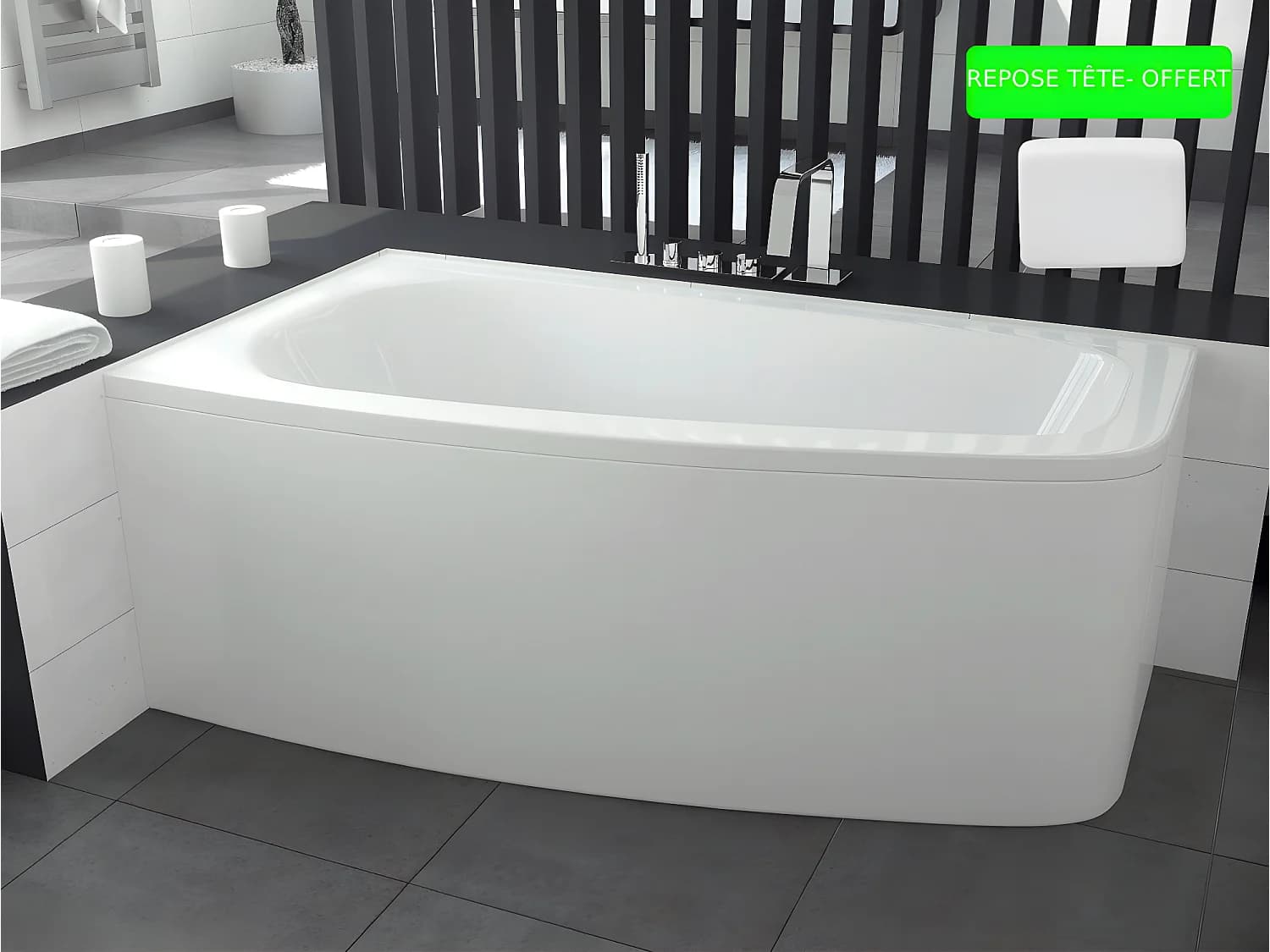Baignoire asymétrique + tablier blanc + repose tête - LUNA - 150 x 80 cm - Gauche