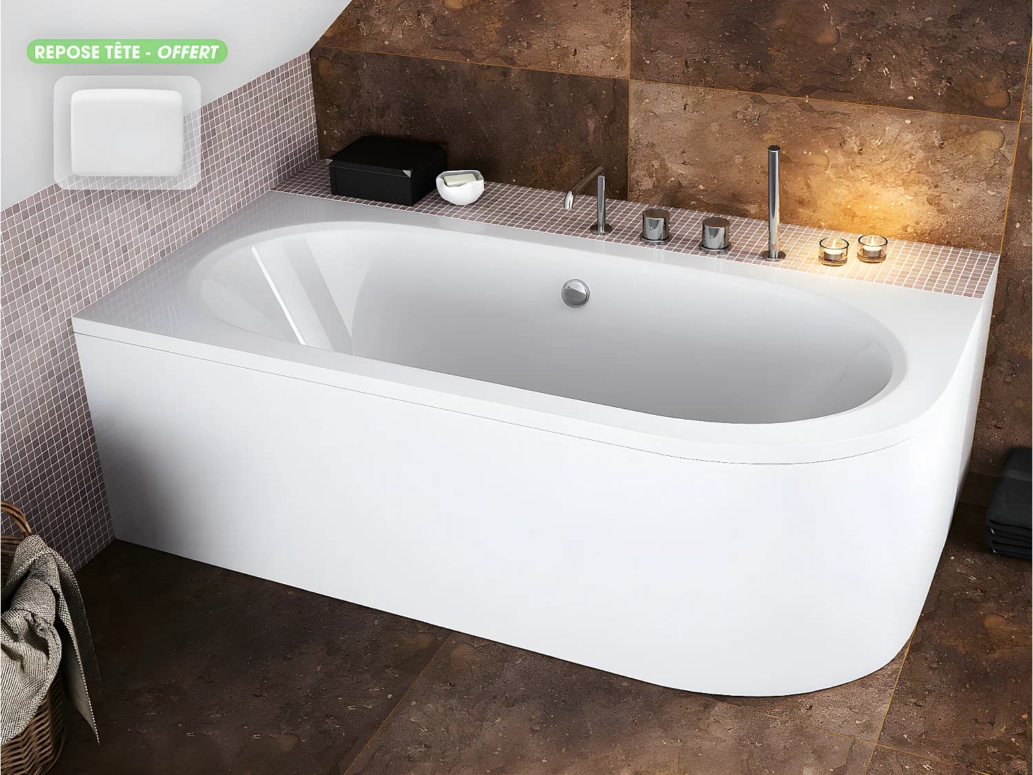 Baignoire d'angle - avec tablier blanc et repose tête offert | AVITA | 180 x 75 cm - Gauche