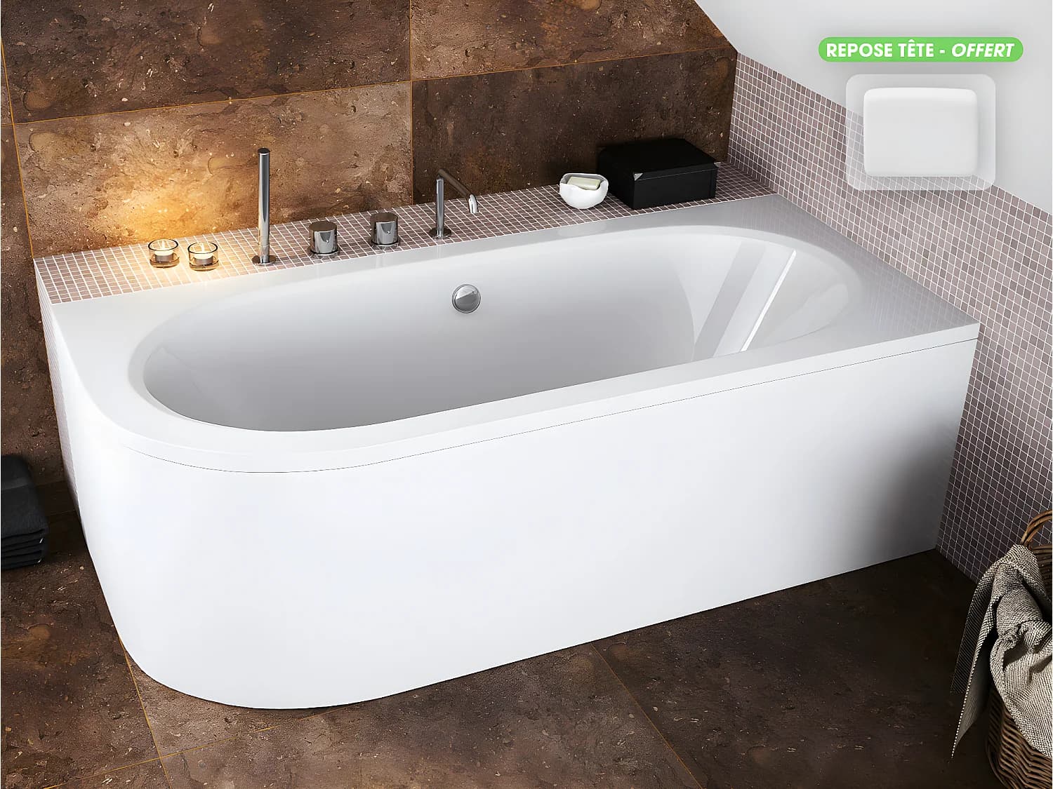 Baignoire d'angle - avec tablier blanc et repose tête offert | AVITA | 150 x 75 cm - Droite
