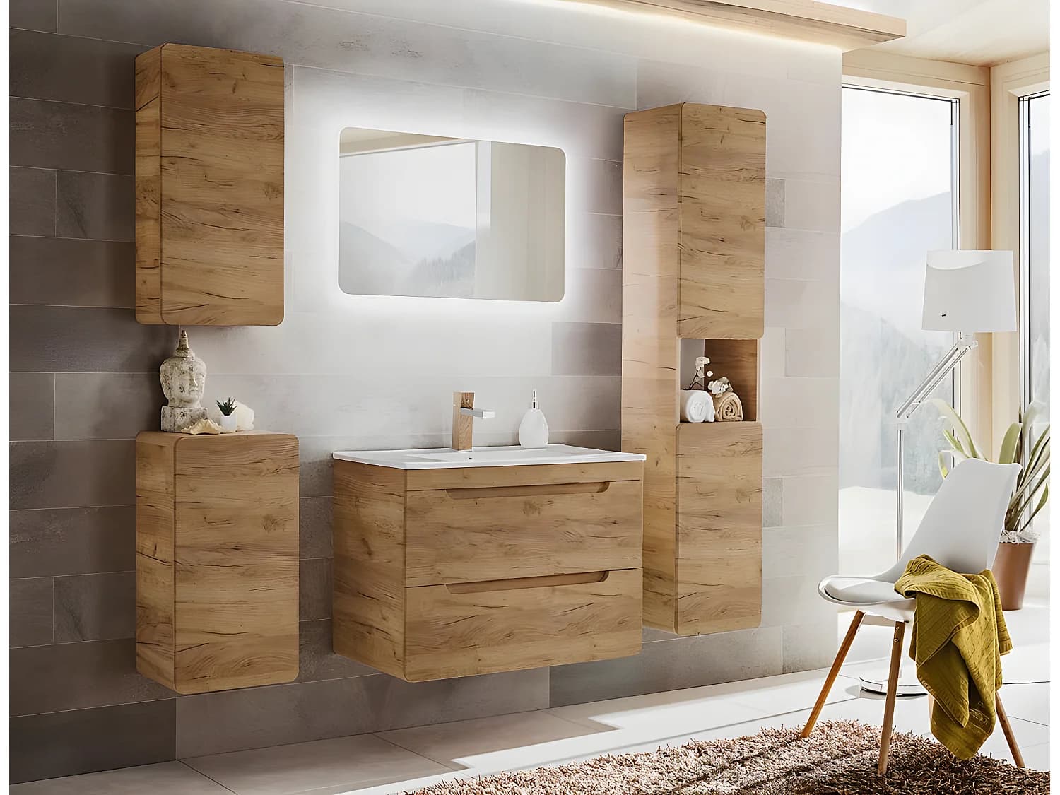 Meuble sous lavabo de salle de bain - Chêne artisanal doré - L60-H59-P46 - ARRIBA
