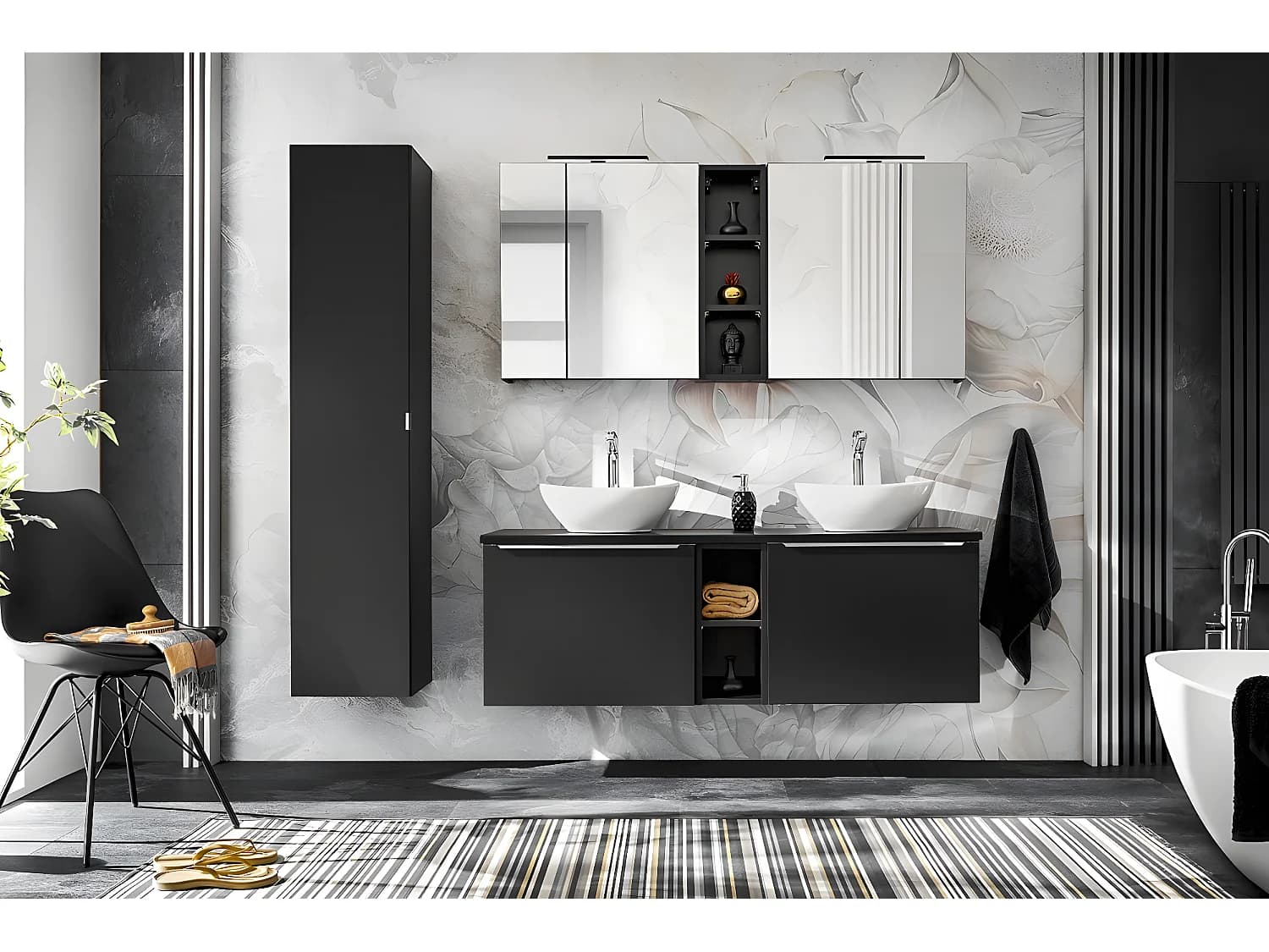 Armoire de salle de bain avec miroir murale - Noir - L80-H65-P17 - KLAUS