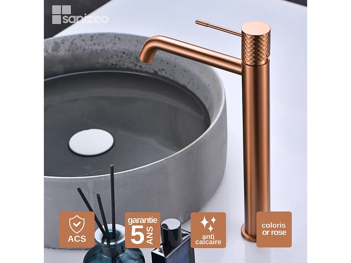 Mitigeur Lavabo Salle de Bain or rose cuivré – Bec Haut Anti-Calcaire – Design Moderne - GENOVA IMEX