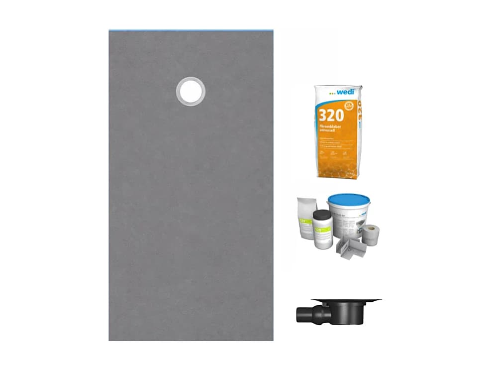 Receveur de douche à carreler 120 x 90 WEDI Fundo Primo écoulement excentré + bonde horizontale + kit d'étanchéité + colle 320