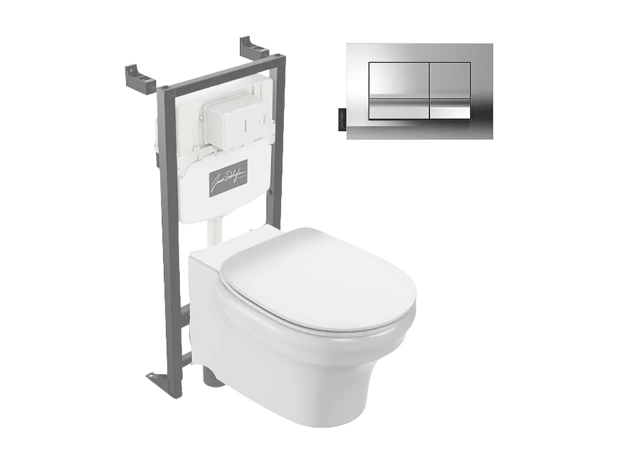 Pack WC suspendu sans bride à économie d'eau JACOB DELAFON Cléo 1889 + abattant + bâti-support + plaque rectangle chromé