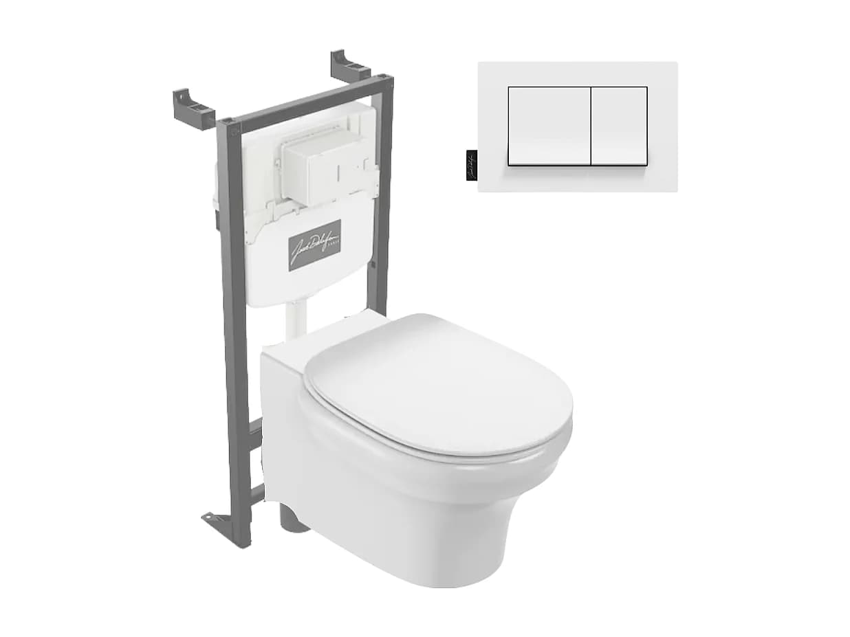Pack WC suspendu sans bride à économie d'eau JACOB DELAFON Cléo 1889 + abattant + bâti-support + plaque rectangle blanche