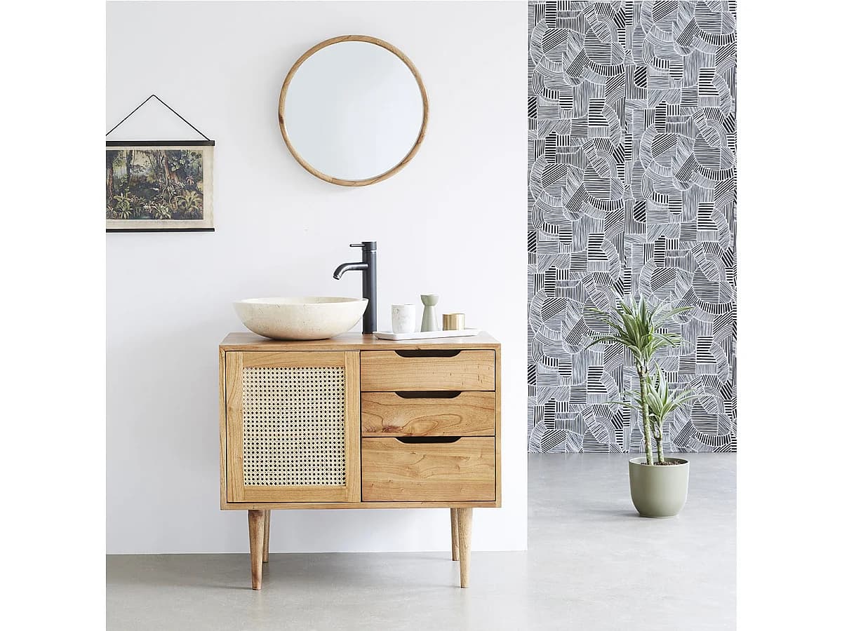 Meuble de salle de bain en mindi massif et cannage 85 cm
