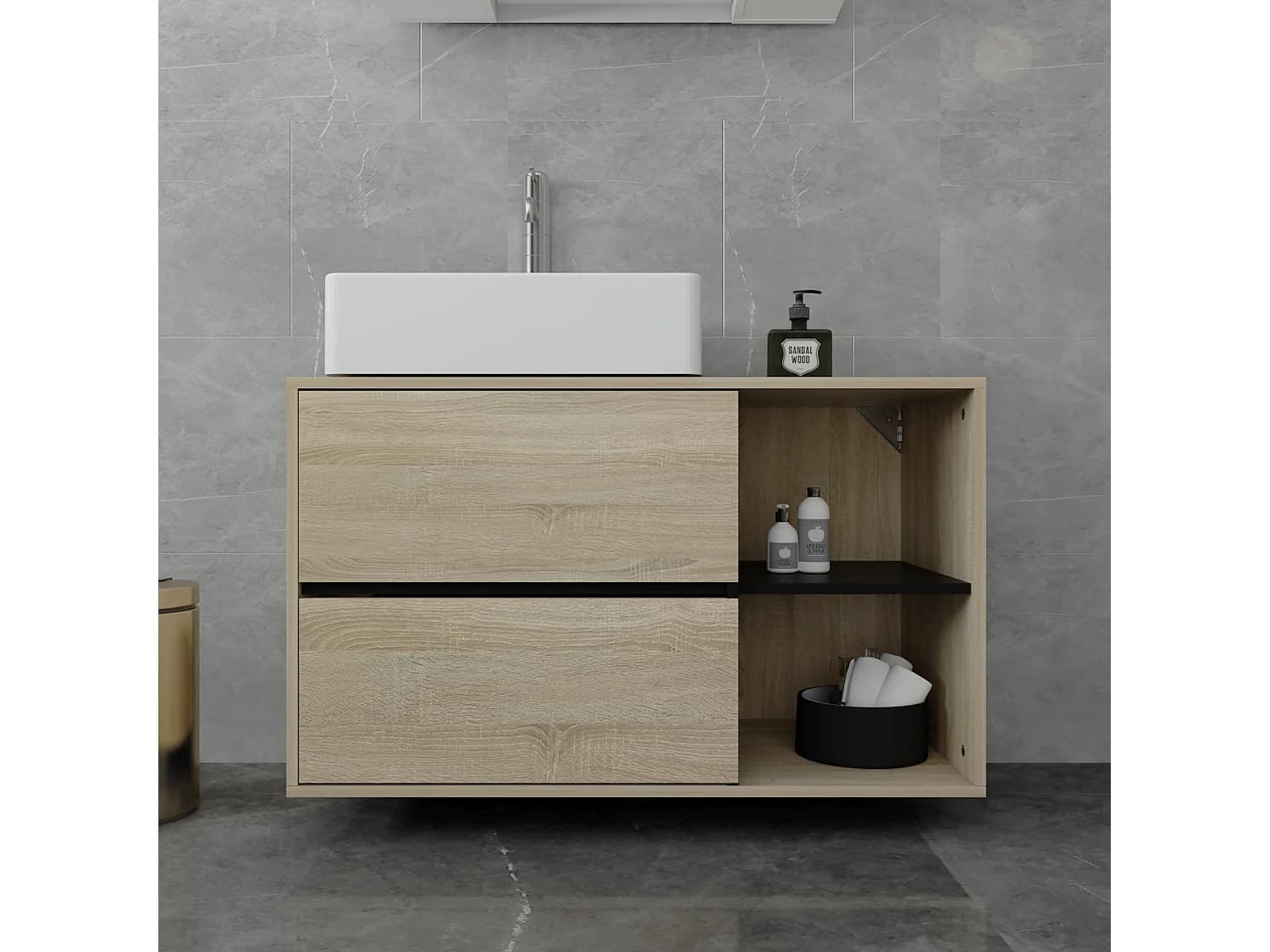 Meuble sous vasque lavabo salle de bain 2 tiroirs marron/noir MDF ML-DESIGN