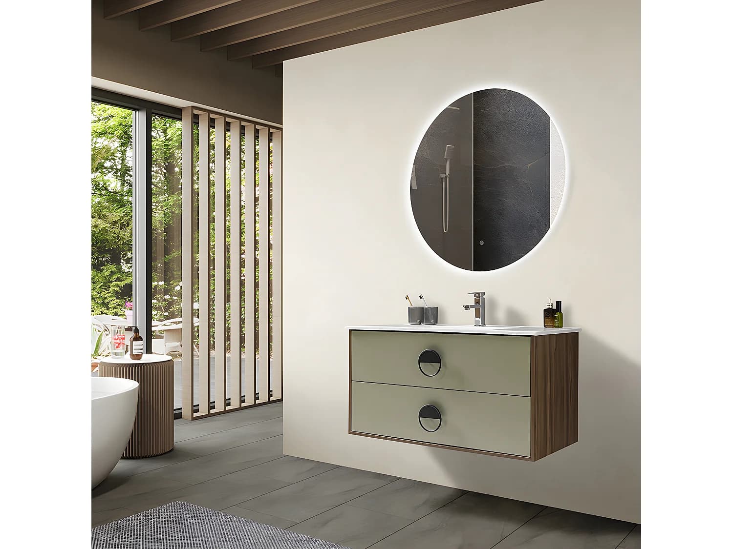 LuxuryBain - Meuble de salle de bain simple vasque 100cm bois et vert avec miroir led
