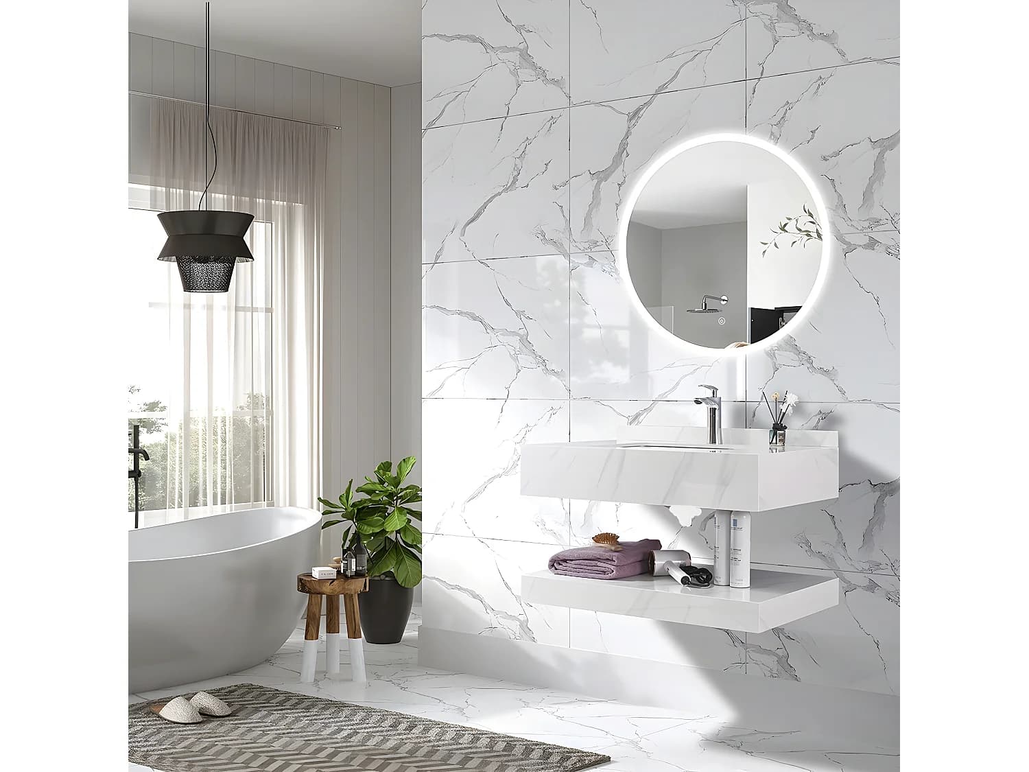 LuxuryBain - Meuble de salle de bain simple vasque 100cm effet marbre blanc avec miroir led