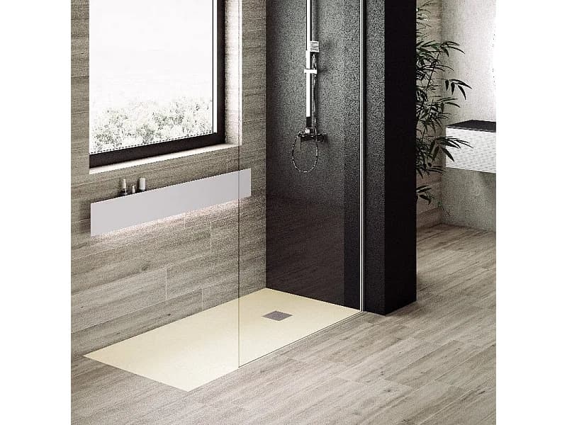 Receveur de douche 90 x 140 cm extra plat PURE en résine surface ardoisée beige Grille inox