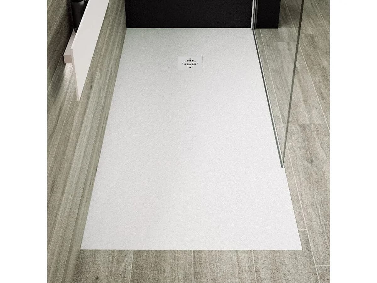 Receveur de douche 80 x 150 cm extra plat PURE en résine surface ardoisée blanc Grille blanche