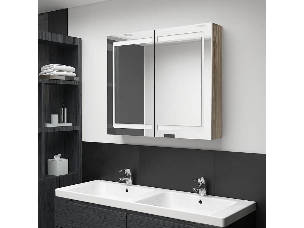 Armoire de salle de bain à miroir LED Chêne 80x12x68 cm FR82700