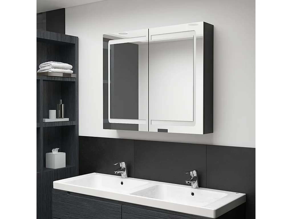 Armoire de salle de bain à miroir LED noir brillant 80x12x68 cm FR17992