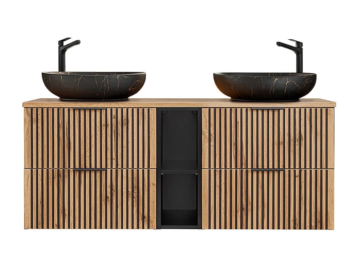 Meuble double vasque 140cm 2 niches Gaia Bois et Noir - Vasque Noir
