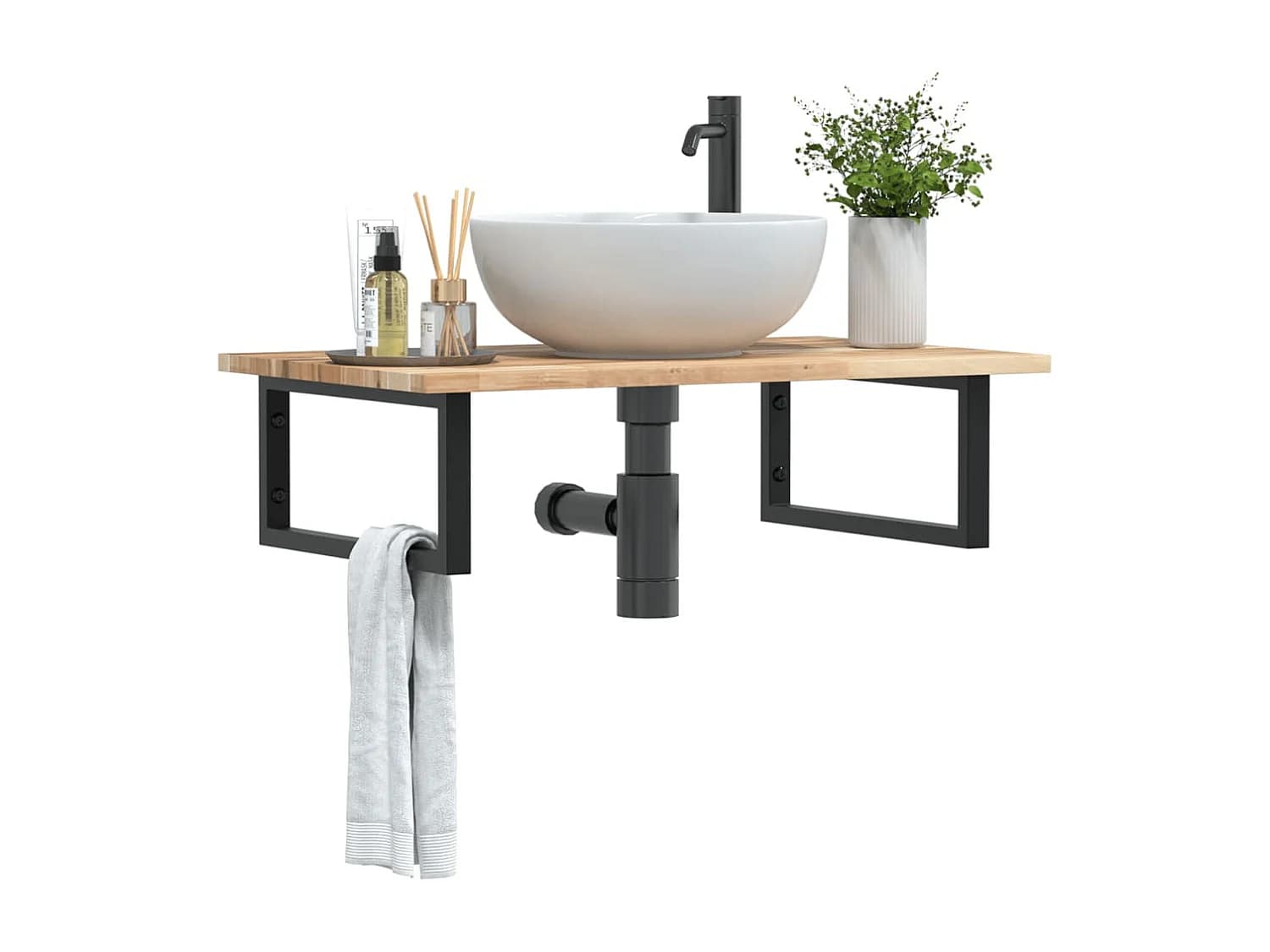 Meuble sous vasque murale acier et bois massif d'acacia FR299000