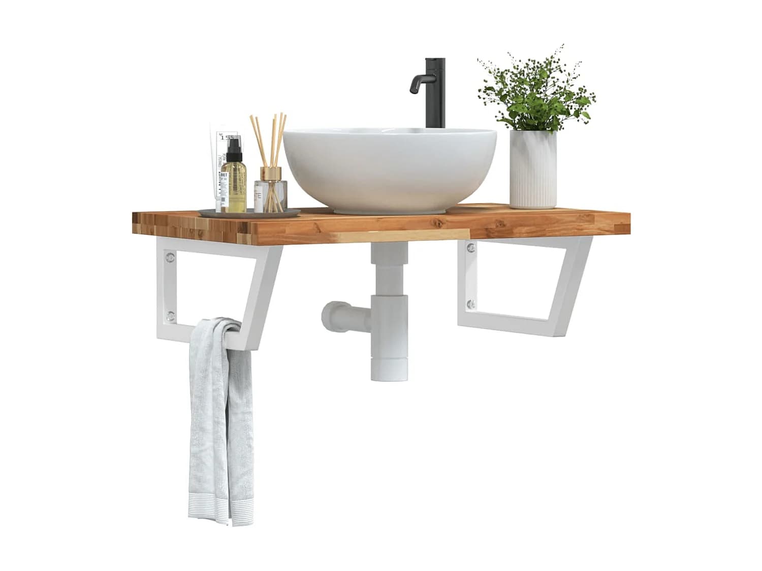 Meuble sous vasque murale acier et bois massif d'acacia FR342518