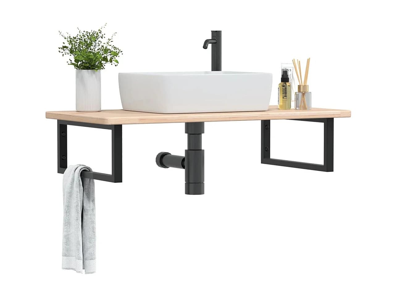 Meuble sous vasque murale acier et bois de chêne massif FR584001