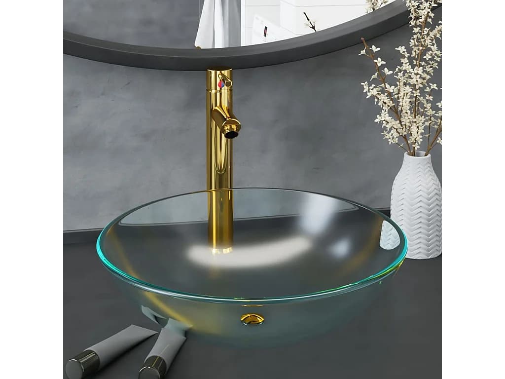 Vasque de bain avec robinet et drain à poussoir Verre trempé FR168835