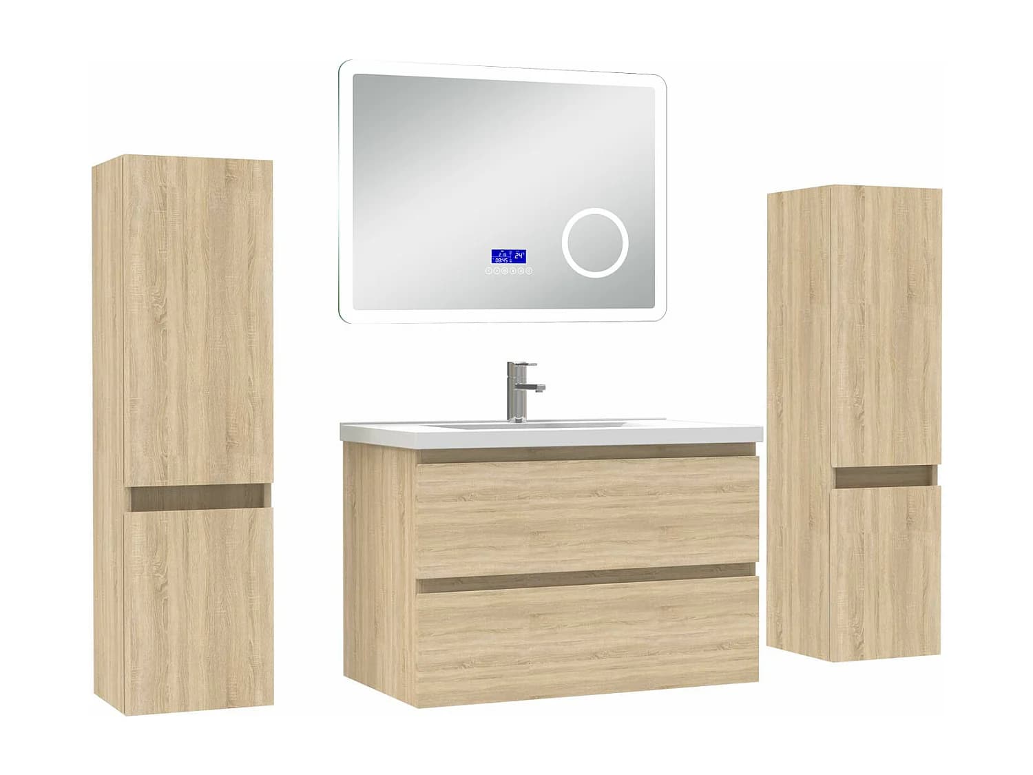 AICA Ensemble meuble Salle de Bain Chêne Wotan 80cm avec 2 colonnes, simple vasque et Led miroir dimmable avec 3 couleurs, Bluetooth et 3X grossissement.
