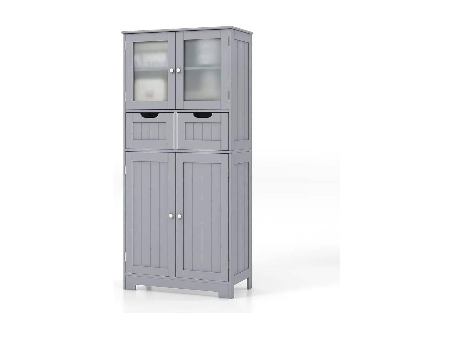 Meuble de Salle de Bain à 4 Portes 2 Tiroirs, Colonne Salle de Bain Armoire Haute avec Étagères Réglables pour Salon, Cuisine, 30 x 60 x 128 cm, Gris