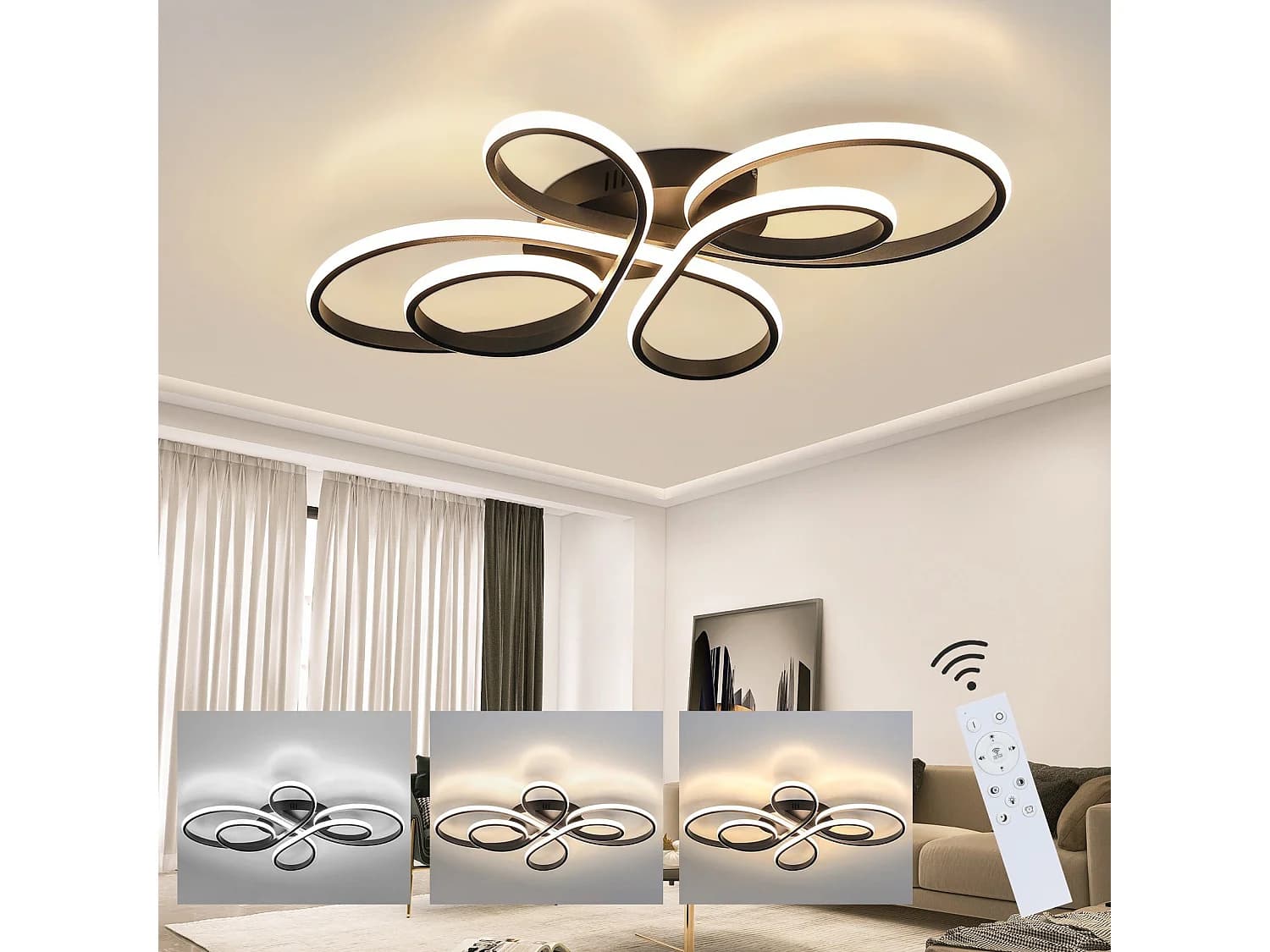 Nettlife Plafonnier LED Dimmable Grand 100 cm Salon 90 W Moderne Noir avec Télécommande – Design papillon unique – LED – Technologie à intensité variable en continu