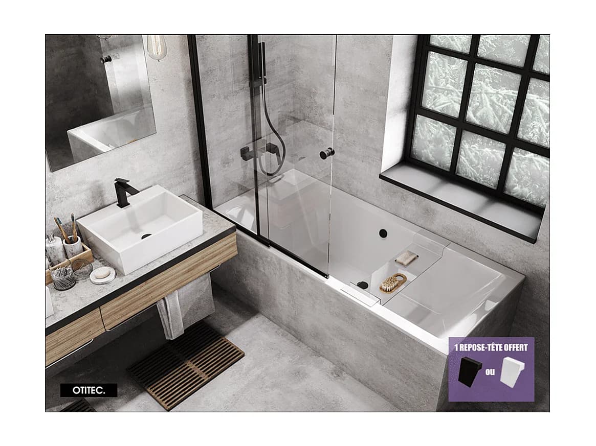 Baignoire Droite sans Tablier - 155 x 70 cm - QUADRO SANS TABLIER - REPOSE-TÊTE OFFERT