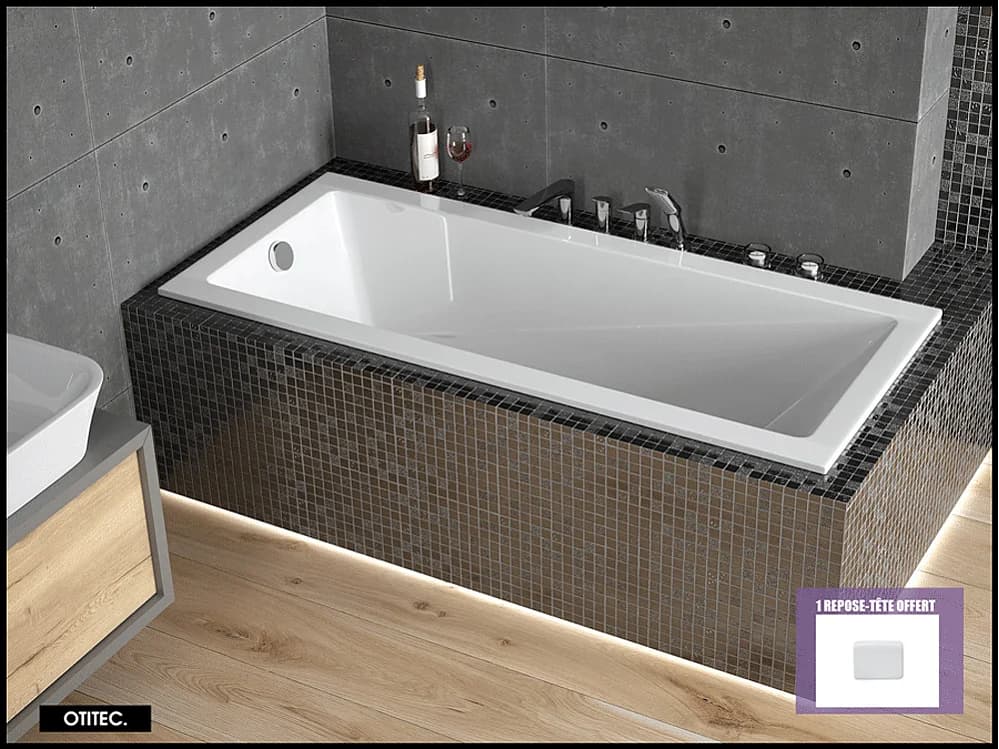 Baignoire Droite sans Tablier - 130 x 70 cm - MODERN SANS TABLIER - REPOSE-TÊTE OFFERT