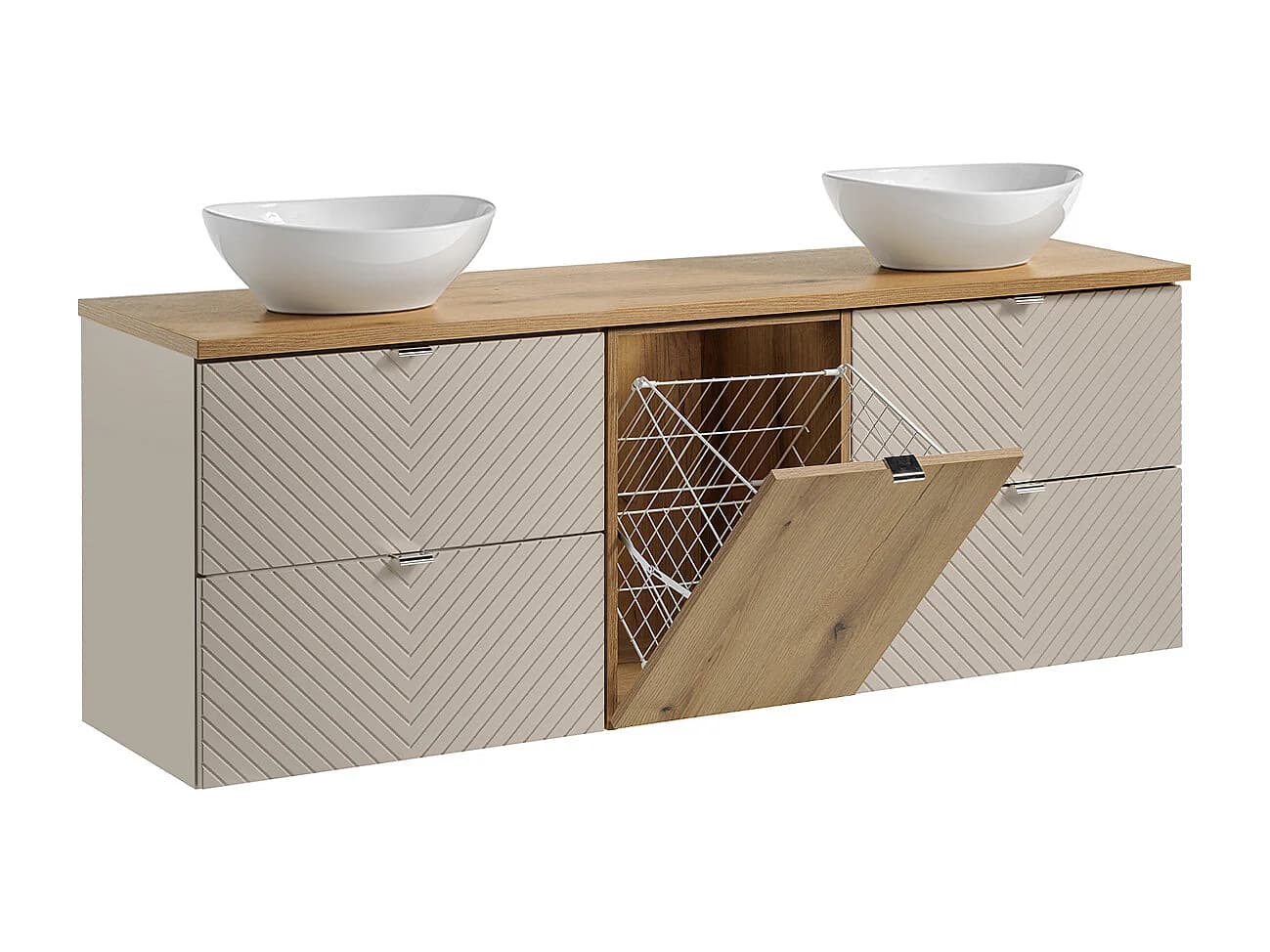 Meuble double vasque 160cm 4 tiroirs panier à linge Manoa Cachemire et Bois