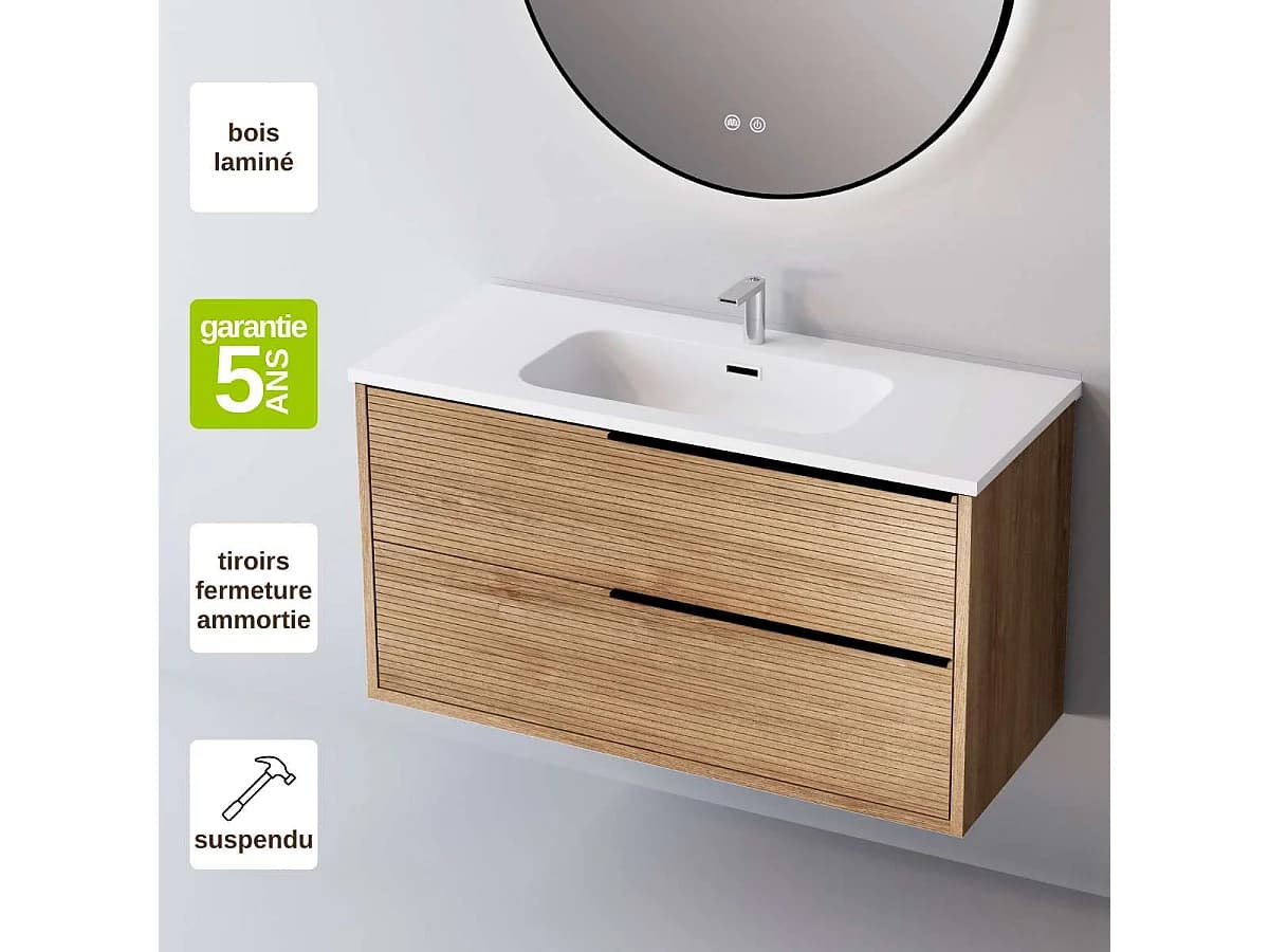 Meuble Salle de Bain LISTELLO 100cm, Plan Vasque Céramique, 2 Tiroirs Impression 3D Poignée Noir, Finition Chêne Naturel, H 54cm x P 45cm
