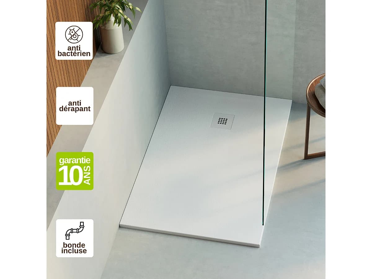 Receveur de Douche Extraplat 90x90cm Blanc - Résine Minérale - Antidérapant - Effet Ardoise - Bonde Incluse - LAVABERG