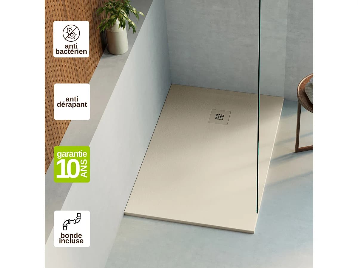 Receveur de Douche Extraplat 90x90cm Beige - Résine Minérale - Antidérapant - Effet Ardoise - Bonde Incluse - LAVABERG