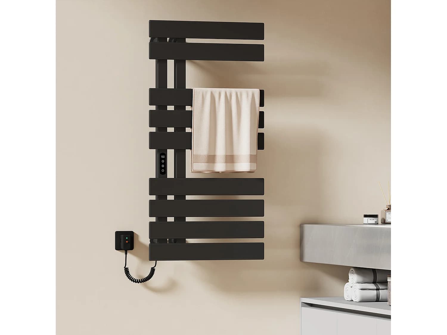 EMKE Sèche-Serviettes Électrique de salle de bain 1000 x 500 mm, Porte-serviettes chauffant électrique, Noir 350W,Chauffe-serviettes Électrique
