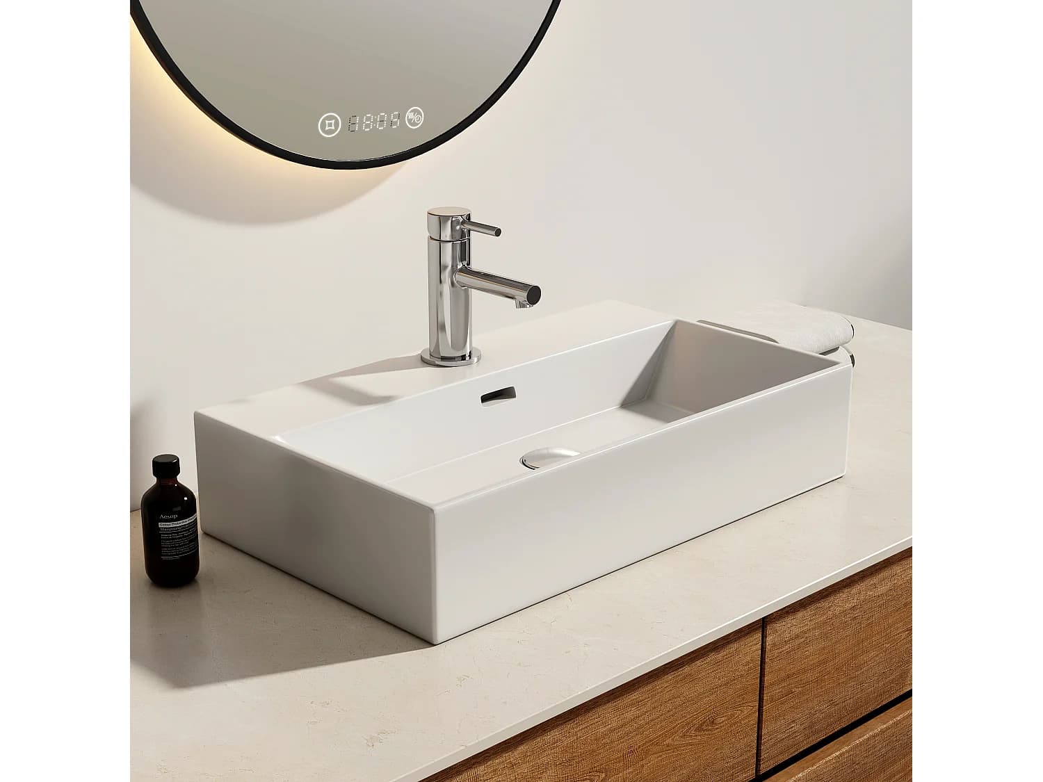 EMKE Vasque à Poser en céramique 60×36×13cm, Lavabo rectangulaire avec robinet trou prépercé, Lavabo à poser blanc brillant