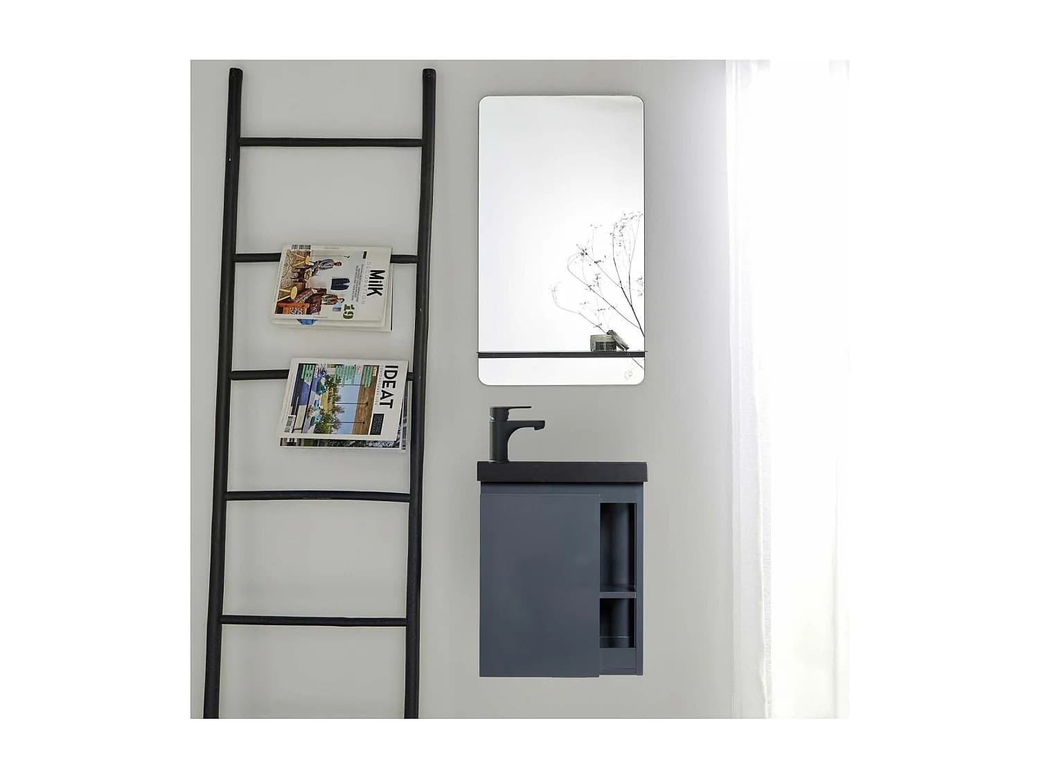 Ensemble lave-mains HAMPTON avec rangement latéral et miroir tablette noire