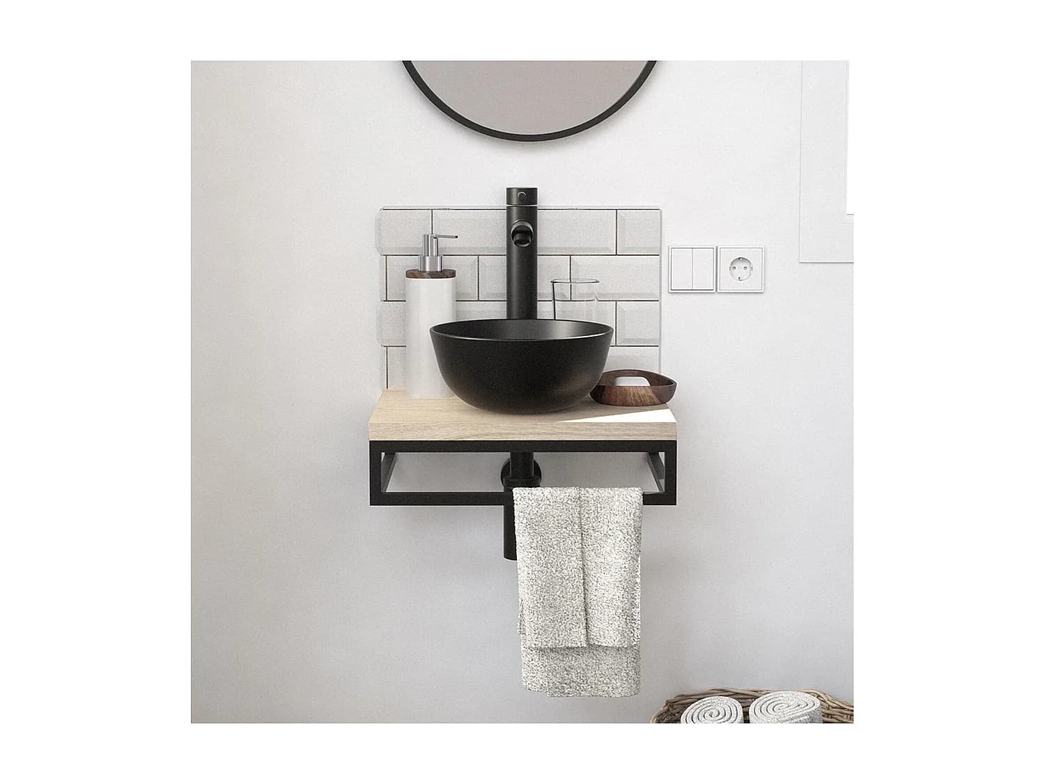Meuble lave-mains SOHO plan fin et porte serviette dessous vasque noire