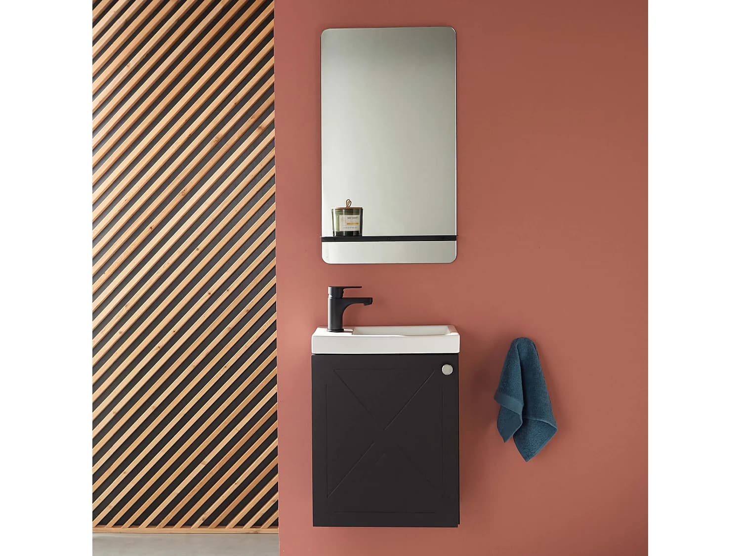 Meuble lave-mains AVA noir carbone + miroir tablette noire + robinet noir