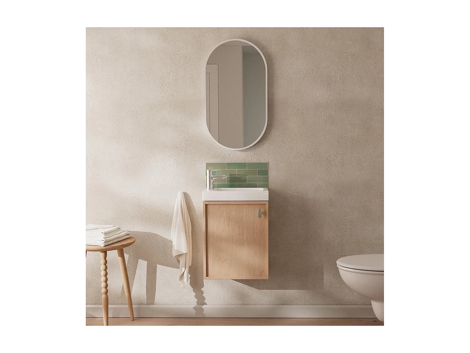 Ensemble meuble lave-mains décor chêne FRAME + robinet + miroir