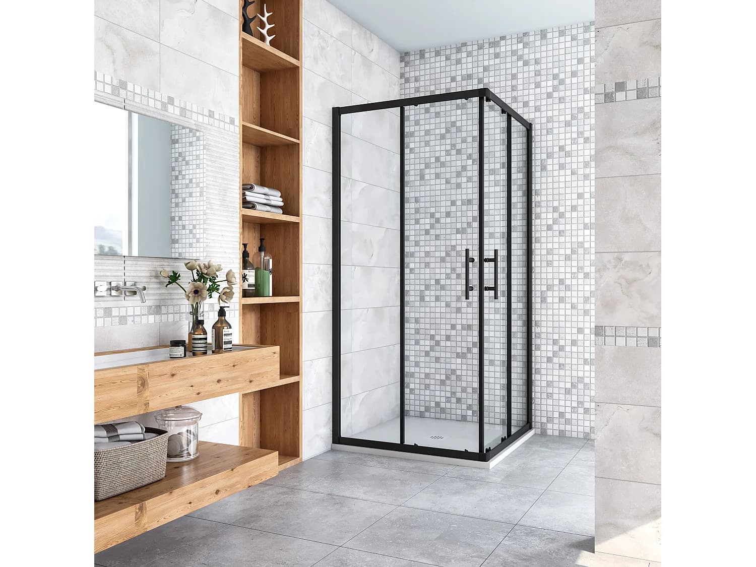 AICA Cabine de douche 80x80x200cm accès d'angle - Noir Mat , porte de douche coulissante, en 6mm verre anticalcaire, cabine de douche noire