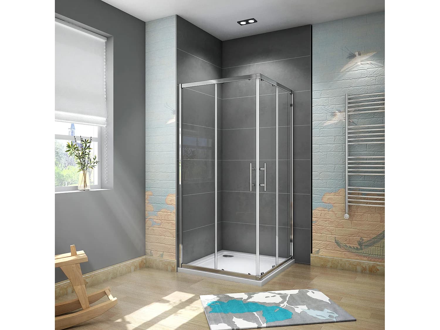 AICA Cabine de douche 80x80x185cm accès d'angle - Chromée , porte de douche coulissante, en 6mm verre anticalcaire, cabine de douche noire
