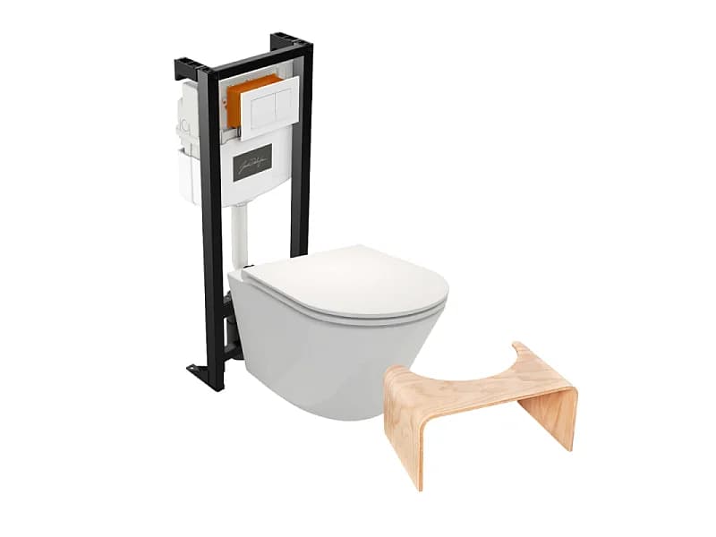 Pack WC suspendu sans bride JACOB DELAFON Rodin+ avec abattant + bâti support + plaque blanche + tabouret bois