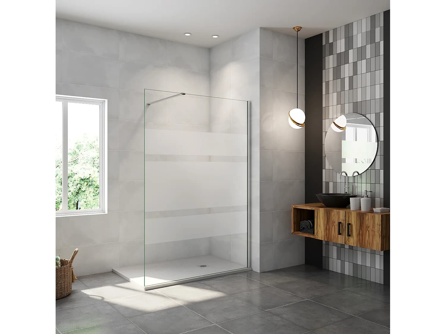 AICA paroi de douche à l'italienne chrome 140x190cm,6mm verre anticalcaire avec bandes horizontales sérigraphiées,avec barre de fixation 140cm