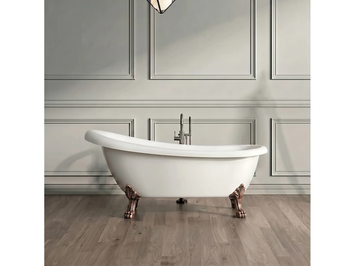 Baignoire sur pieds rétro RICHMOND Blanche 171 cm Pieds de Lion Cuivre rouge vieilli