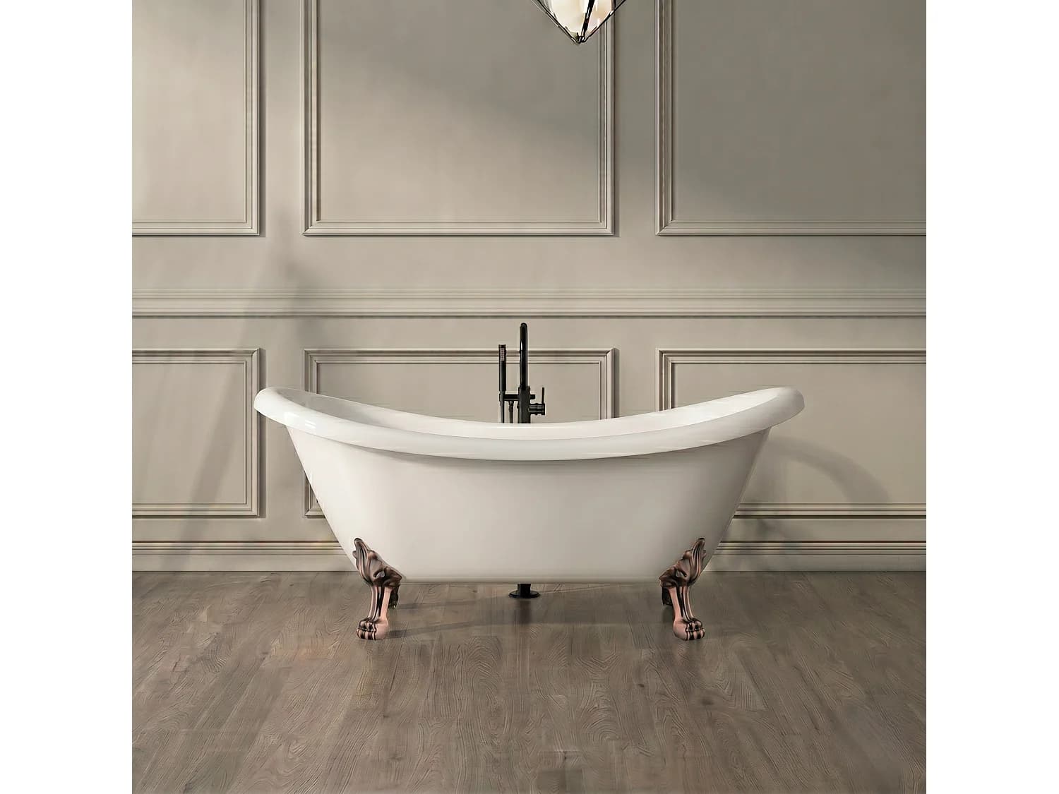 Baignoire sur pieds rétro DARLINGTON Blanche 175 cm Pieds de Lion Cuivre rouge vieilli