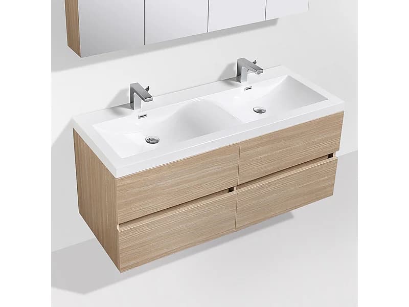 Meuble salle de bain design double vasque SIENA largeur 144 cm chêne clair texturé